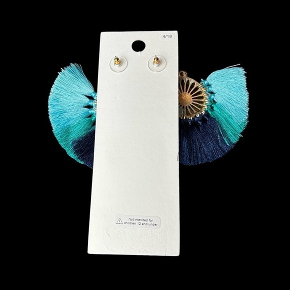 Statement Earrings From Express Boho Tropical Bold Gold & Shades of Blue Fringe - Picture 11 of 13